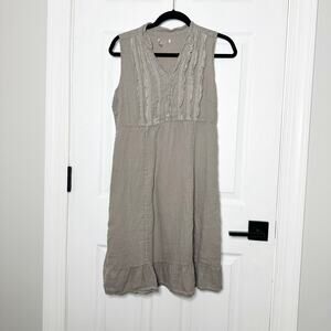 Taupe Size M 100% Linen Sleeveless Partial Button Front Knee Length Dress